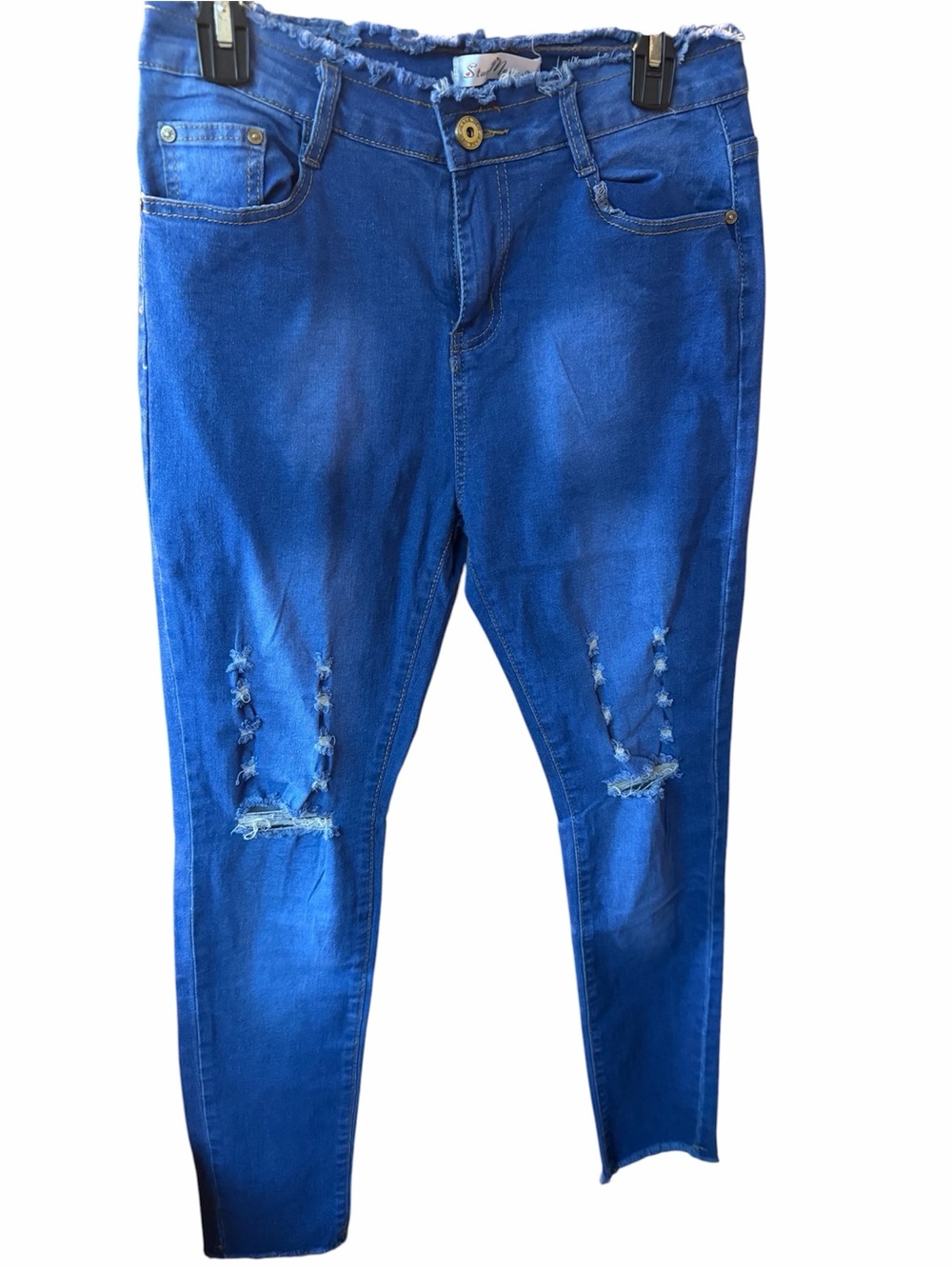 Frayed Waist Distressed Blue Skinny Ankle Distressed Jeans XL